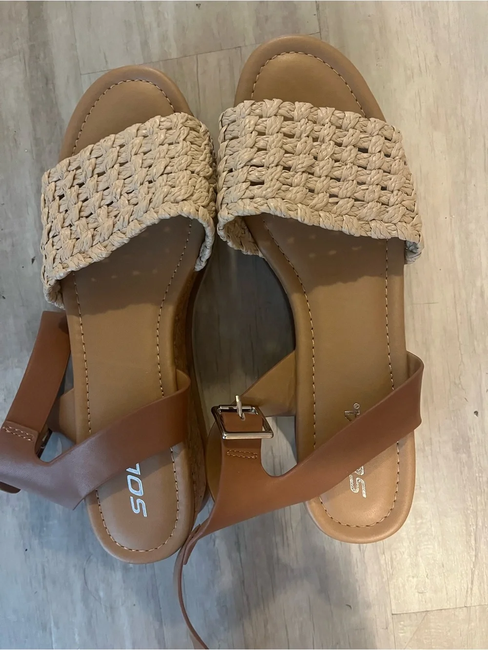 Soda Neutral Braided Wedge Slide Sandals in Beige and Tan